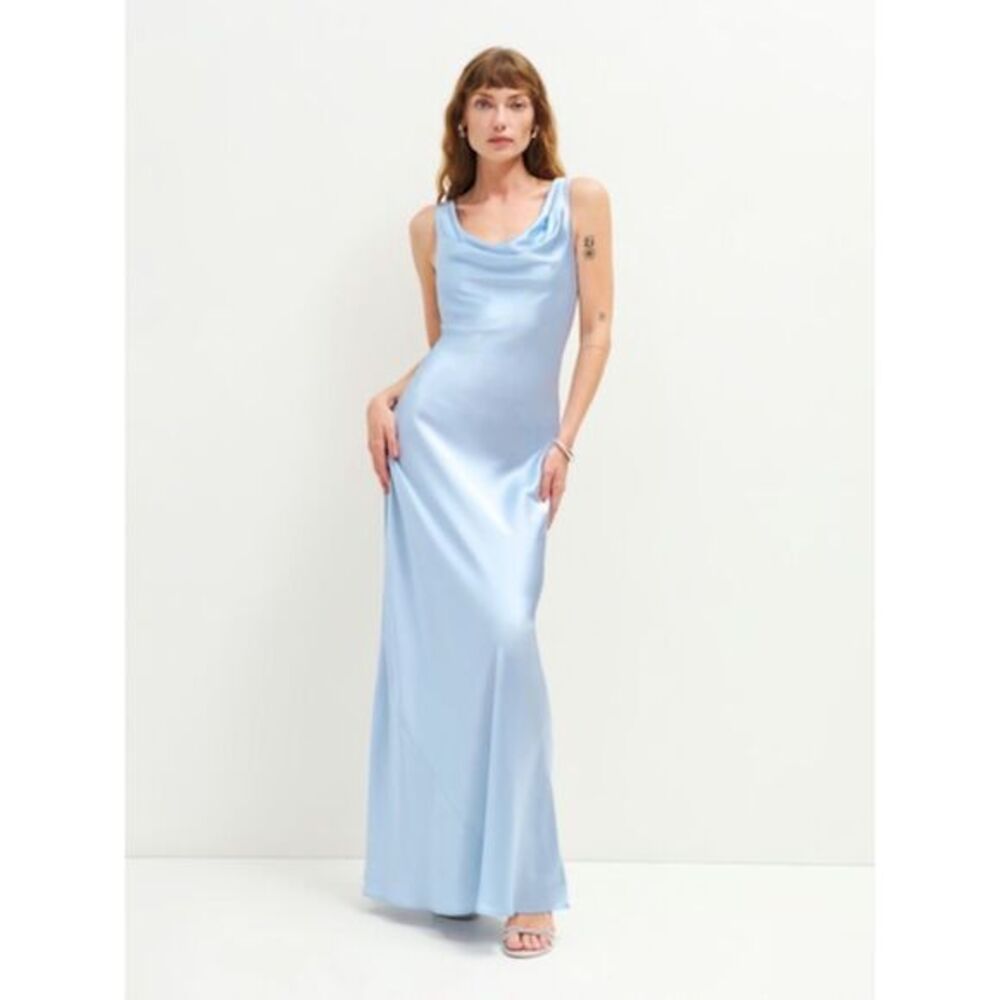 Reformation Annabelle 100% Silk Light Blue Cowl Neck Dress Bridesmaid Wedding 14